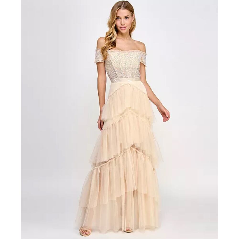 City Studios Juniors' Sequin-Bustier Off-The-Shoulder Gown